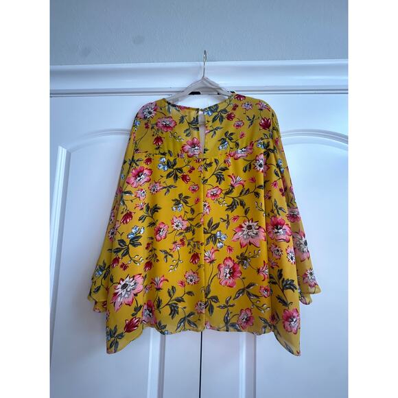 Nanette Yellow with Pink and Green Floral Pattern, Dramatic Bell Sleeve Blouse - Picture 5 of 6